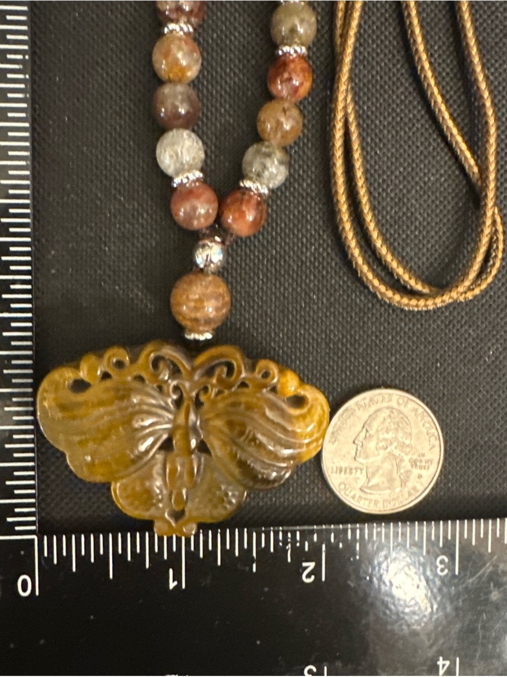 Tiger’s Eye Moth Pendant Necklace on Half Beaded Brown Adjustable Rope - Picture 15 of 15